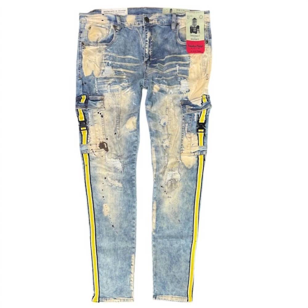 NEW INDUSTRIAL INDIGO men's strap jeans in bleached sand/yellow